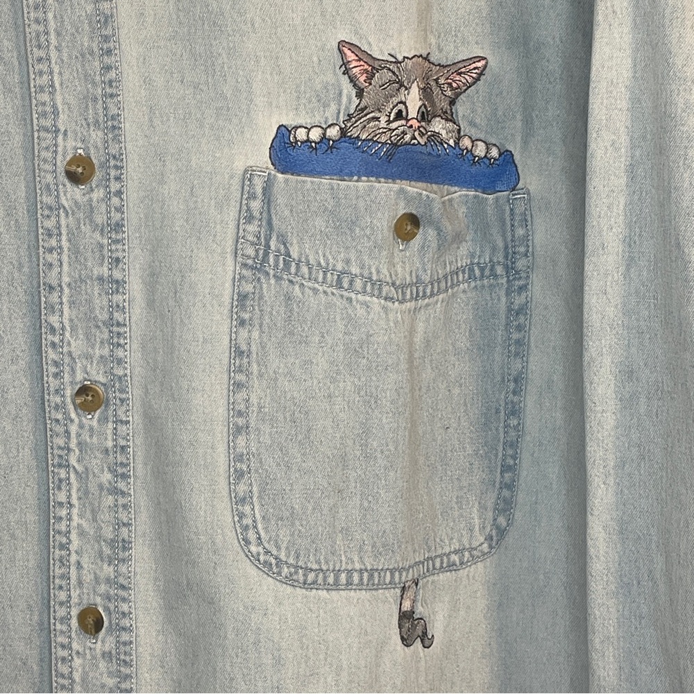 Light Blue Hidden Cat Embroidered Collar Long Sleeve Button Down Shirt